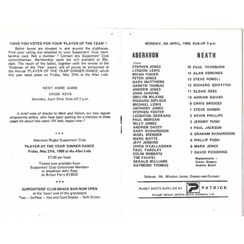 1987/88 Aberavon v Neath Rugby Union Programme