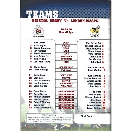 2006/07 Bristol v London Wasps Rugby Union Programme