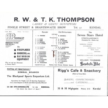 1952/53 Kendal v Old Birkonians Rugby Union Programme