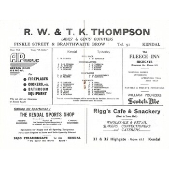 1957/58 Kendal v Tyldesley Rugby Union Programme