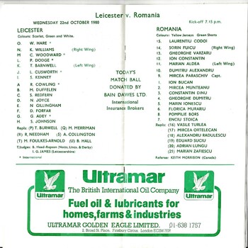 1980/81 Leicester v Romania Rugby Union Programme