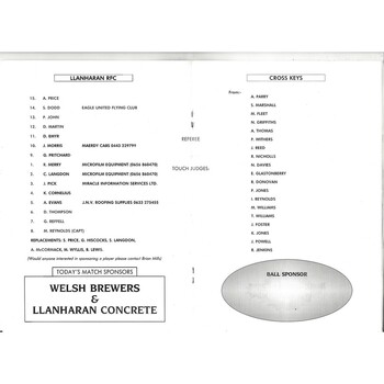 1992/93 Llanharan v Cross Keys Rugby Union Programme