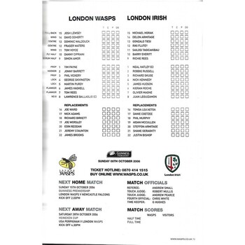2006/07 London Wasps v London Irish EDF Energy Cup Pool Match Rugby Union Programme