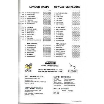 2006/07 London Wasps v Newcastle Falcons Rugby Union Programme