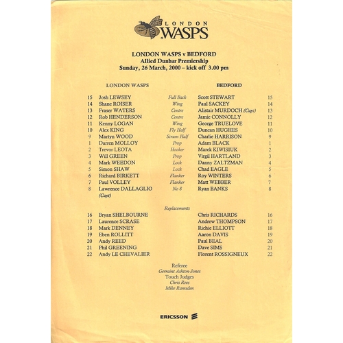 1999/00 London Wasps v Bedford Rugby Union Team Sheet