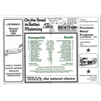 1988/89 Pontypridd v Neath Rugby Union Programme
