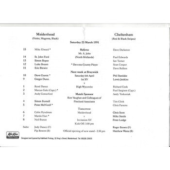 1990/91 Maidenhead v Cheltenham Rugby Union Programme