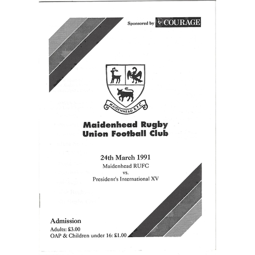 1990/91 Maidenhead v President's International XV Rugby Union Programme