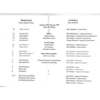 1990/91 Maidenhead v President's International XV Rugby Union Programme