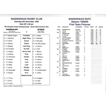 1999/00 Maidenhead v Keynsham Rugby Union Programme