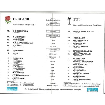 1989 England v Fiji International Rugby Union Programme