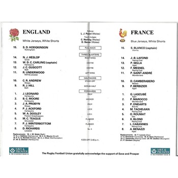 1991 England v France 5 Nations Rugby Union Programme