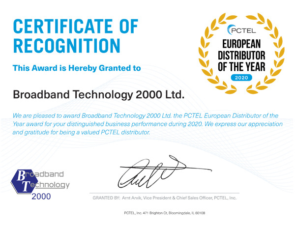 BT2000 Awarded European Distributor of the Year 2020 by PCTEL Inc.
