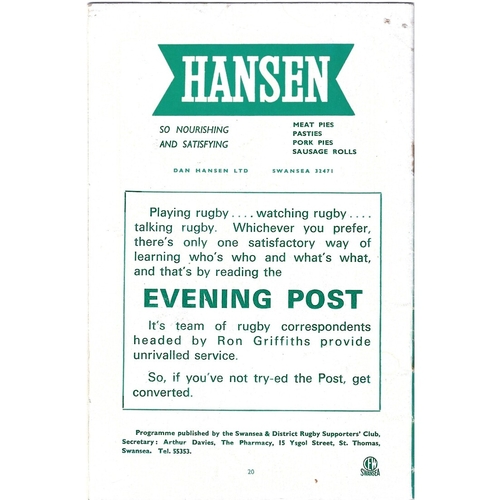 1969/70 Swansea v South Africa Tour Match Rugby Union programme