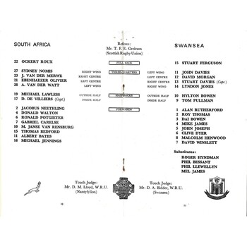 1969/70 Swansea v South Africa Tour Match Rugby Union programme