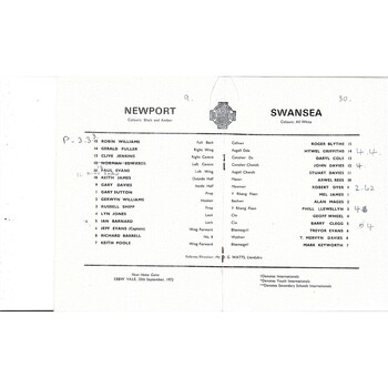1972/73 Swansea v Newport Rugby Union programme