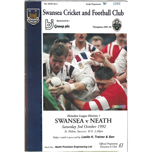 1992/93 Swansea v Neath Rugby Union Programme