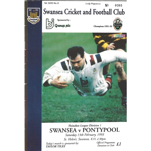 1992/93 Swansea v Pontypool Rugby Union Programme