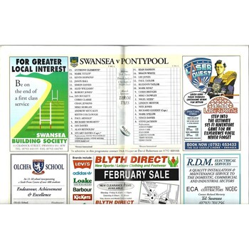 1992/93 Swansea v Pontypool Rugby Union Programme