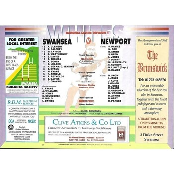 1996/97 Swansea v Newport Rugby Union Programme