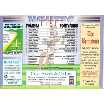 1996/97 Swansea v Pontypridd Rugby Union Programme