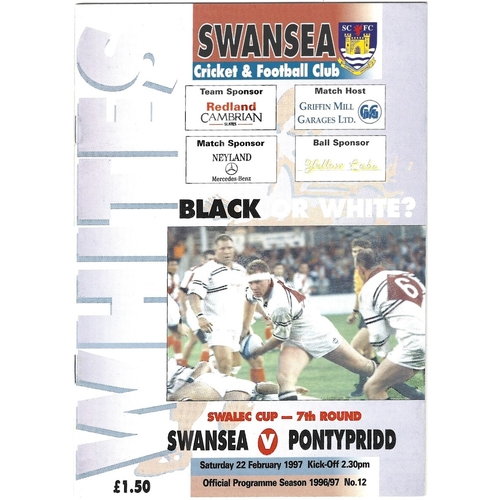 1996/97 Swansea v Pontypridd WRU Challenge Cup (SWALEC) 7th Round Rugby Union Programme & Match Ticket