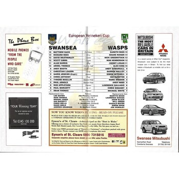 1997/98 Swansea v Wasps Rugby Union Programme