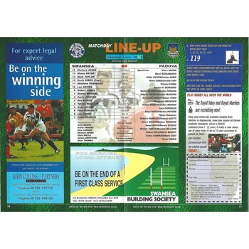 1999/00 Swansea v Padova Heineken Cup Rugby Union Programme