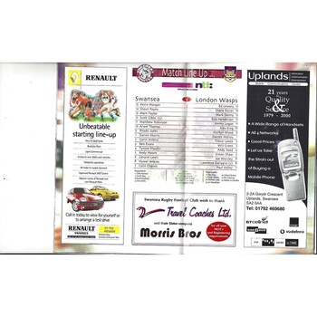 2000/01 Swansea v London Wasps Heineken European Cup Rugby Union Programme