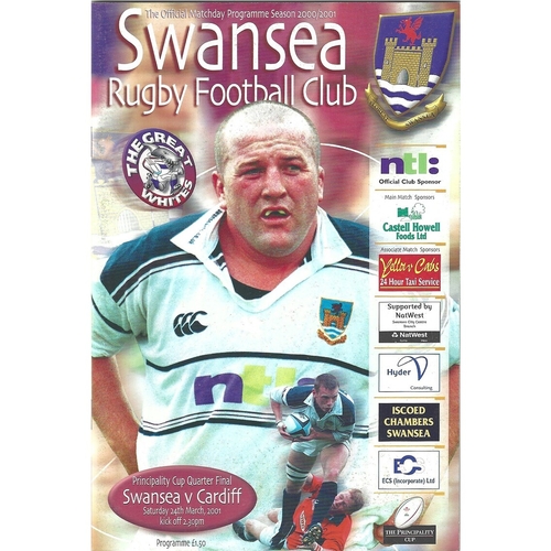 2000/01 Swansea v Cardiff Principality Cup Quarter Final Rugby Union Programme
