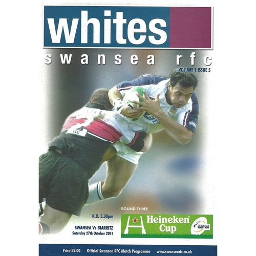 2001/02 Swansea v Biarritz Heineken Cup 3rd Round  Rugby Union Programme & Match Ticket