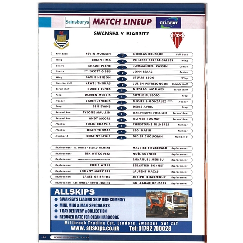 2001/02 Swansea v Biarritz Heineken Cup 3rd Round  Rugby Union Programme & Match Ticket