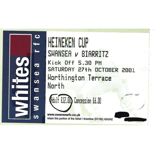 2001/02 Swansea v Biarritz Heineken Cup 3rd Round  Rugby Union Programme & Match Ticket