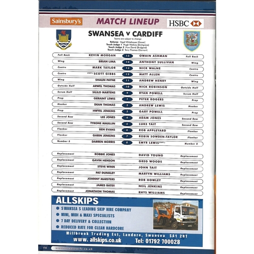 2001/02 Swansea v Cardiff Rugby Union Programme