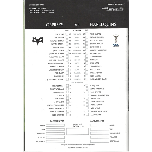 2006/07 Ospreys v NEC Harlequins Rugby Union Programme