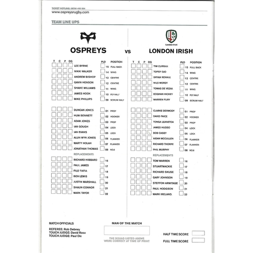 2007/08 Ospreys v London Irish EDF Energy Cup 1st Round Rugby Union Programme