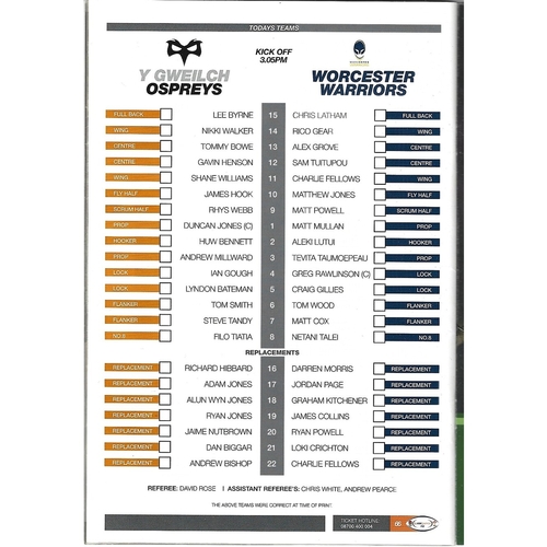 2008/09 Ospreys v Worcester Warriors Rugby Union Programme