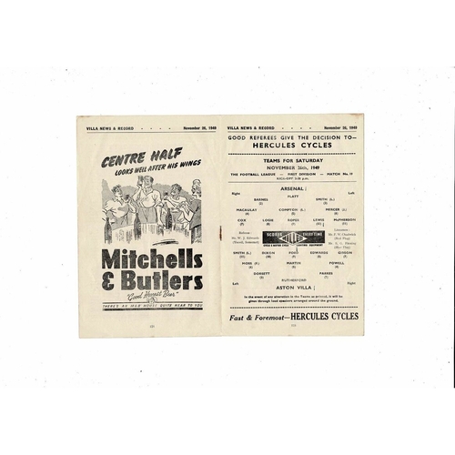 1949/50 Aston Villa v Arsenal Football Programme
