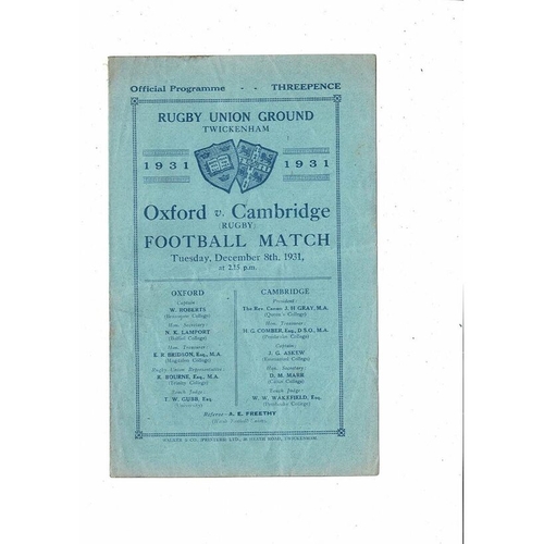 1931 Oxford v Cambridge Varsity Match Rugby Union Programme