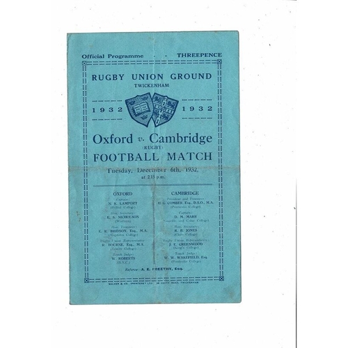 1932 Oxford v Cambridge Varsity Match Rugby Union Programme
