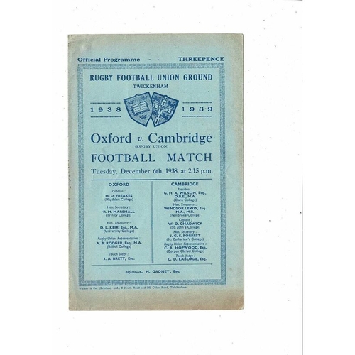 1938 Oxford v Cambridge Varsity Match Rugby Union Programme