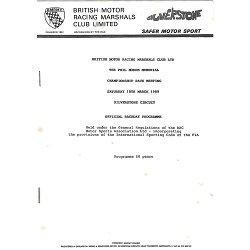 1989 Silverstone B.M.R.M.C The Phil Morom Memorial Championship Race Meeting (18/03/1989) Motor Racing Programme