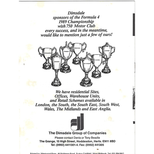 1989 Silverstone SUNBAC Meeting (29/04/1989) Motor Racing Programme