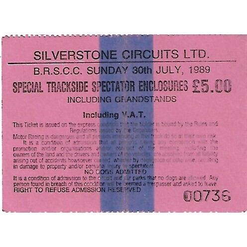 1989 Silverstone Gilmour & Pether Raceday (30/07/1989) Motor Racing Programme & Event Entry Ticket