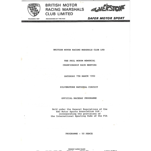 1992 Silverstone B.M.R.M.C The Phil Morom Memorial Championship Race Meeting (07/03/1992) Motor Racing Programme