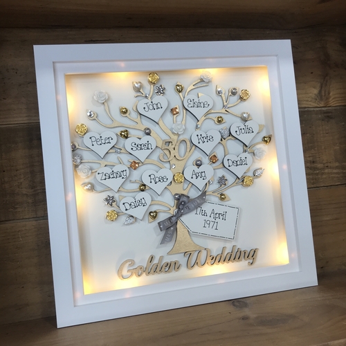 Personalised Anniversary Gift – Custom Family Tree Frame with Names, Pearls & Optional Lights