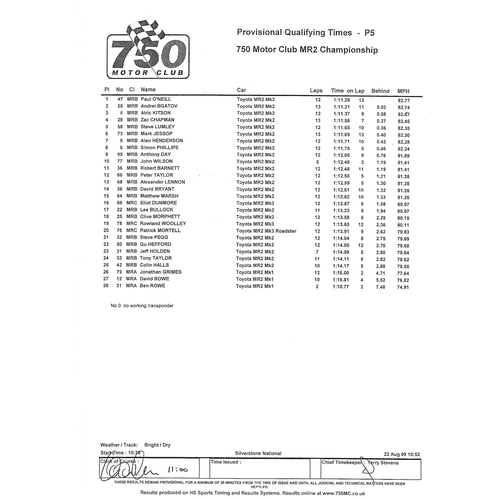 2009 Silverstone 750 Motor Club Championship Car Races Meeting (22-23/08/2009) Motor Racing Programme & Event Entry Ticket +Timing/Race Result Sheets