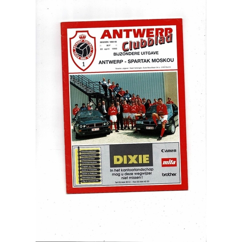 1992/93 Antwerp v Spartak Moscow European Cup Winners Cup Semi Final Football Programme