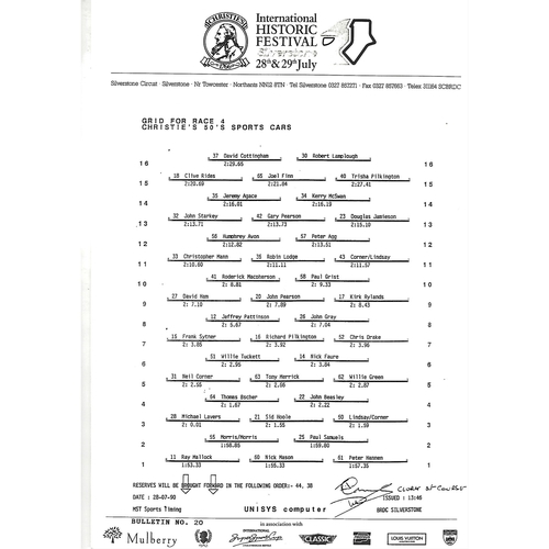 1990 Silverstone Christie's International Historic Festival Meeting (28-29/07/1990) Motor Racing Programme & Event Timing Sheets