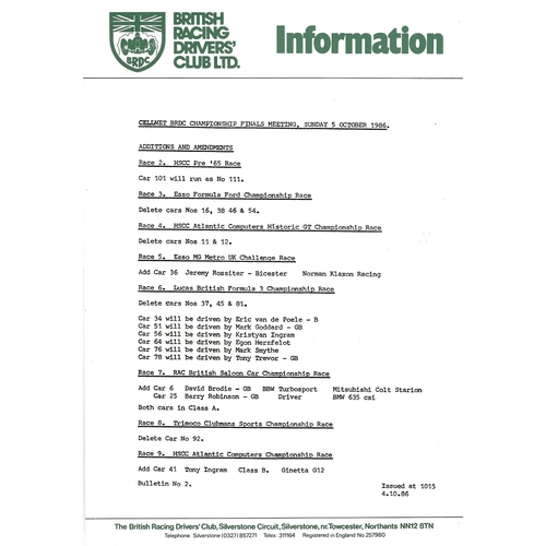 1986 Silverstone B.R.D.C Championship Finals Meeting (04-05/10/1986) Motor Racing Programme & Practice/Result Timing Sheets